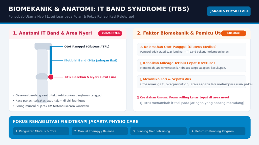 Infografis anatomi IT Band Syndrome pada pelari, titik nyeri lutut luar, faktor biomekanik, dan penanganan fisioterapi Jakarta Physio Care