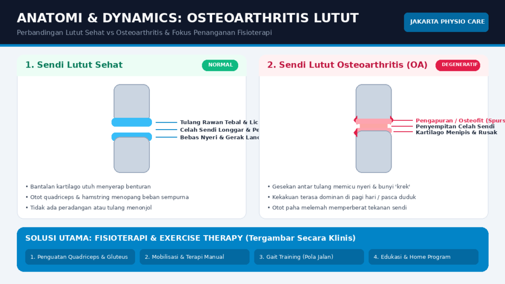 Infografis perbandingan anatomi sendi lutut sehat vs osteoarthritis lutut dan 4 pilar penanganan fisioterapi Jakarta Physio Care